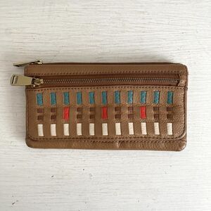 Fossil Brown Leather Bifold Wallet Clutch Interlaced Red Teal Cream Pockets